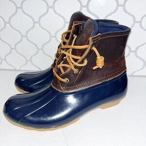 SPERRY Women's Saltwater Duck Boot Leather Size 9 US Brown Blue Gum Rubber Zip